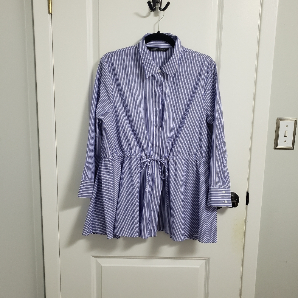 ZARA Blue and White Striped Peplum Button-Up Blouse